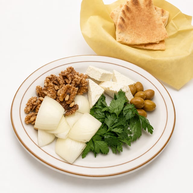 Feta, Cheese, Walnut, Olives & Pita Bread.