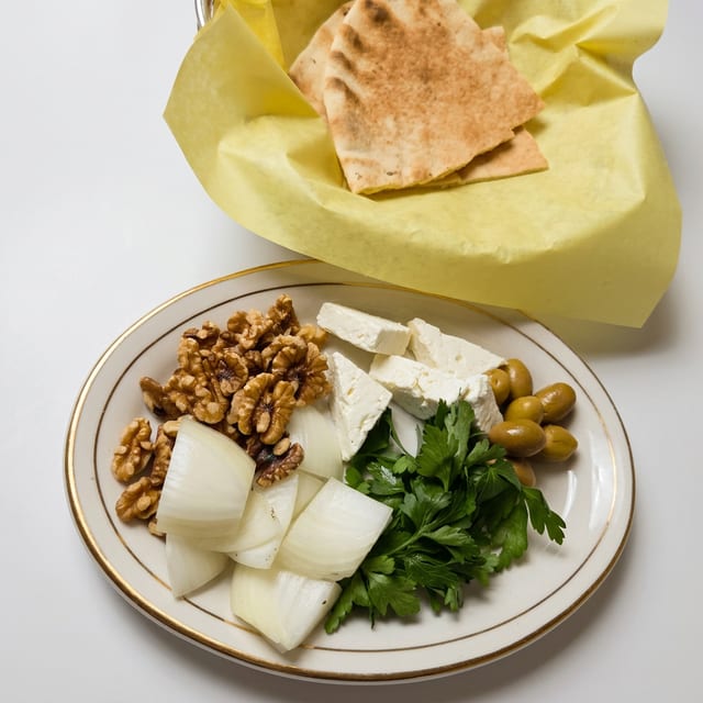 Feta, Cheese, Walnut, Olives & Pita Bread.